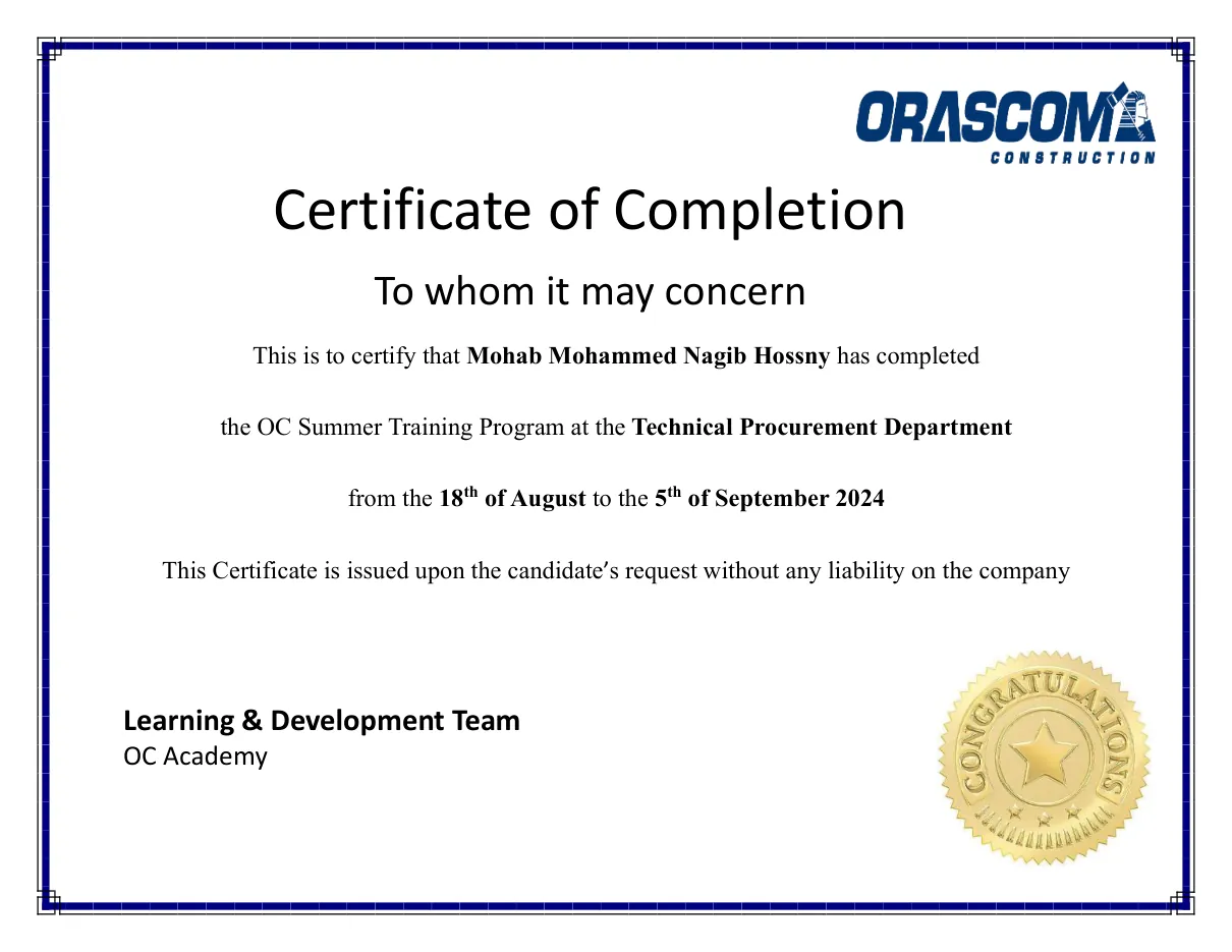 Orascom Construction certificate of completion, Technical Procurement, 2024